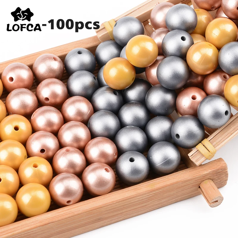 

LOFCA 100Pcs Metallic Silver/Gold Print 12/15/19mm Copper Print Teething Silicone Beads DIY Jewelry BPA Pacifier Clip Making