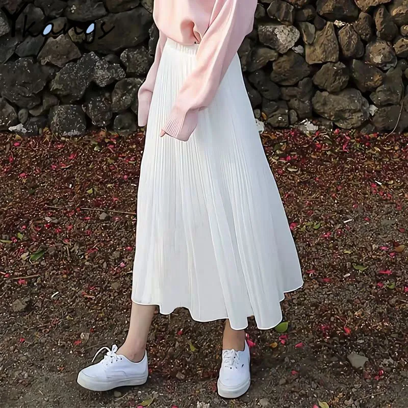 

Women Vintage Pleated Midi Long Skirt Female Korean Casual High Waist Chiffon Skirts Summer Black White A-line skirt Jupe Faldas