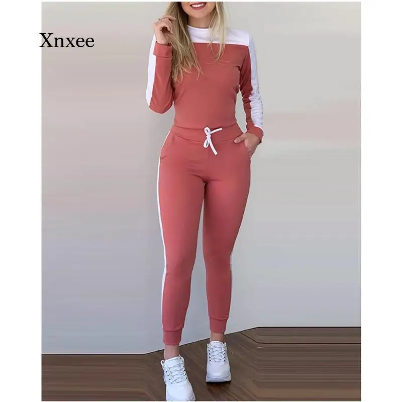 Autumn Patchwork Ladies Suit Casual Long Sleeve Hoodie + Pants Suit Skinny Street Sweatshirt Suit