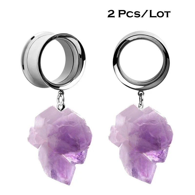 2 Pcs  Natural Stone Pendant Ear Tunnel Plugs  Gauges Purple Stone Dangle Flesh Tunnel Piercing Extension Ear Reamer4-25mm 00