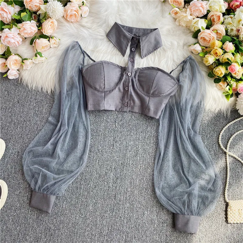 2022 Spring High street halter neck strapless puff sleeve shirt women\'s New design sense short navel all-match shirt women