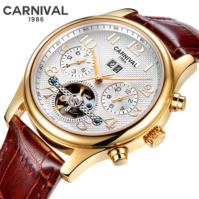 

Carnival Brand New Luxury Tourbillon Watch for Men Stainless Steel Waterproof Fashion Mechanical Watches Mens Montre Homme