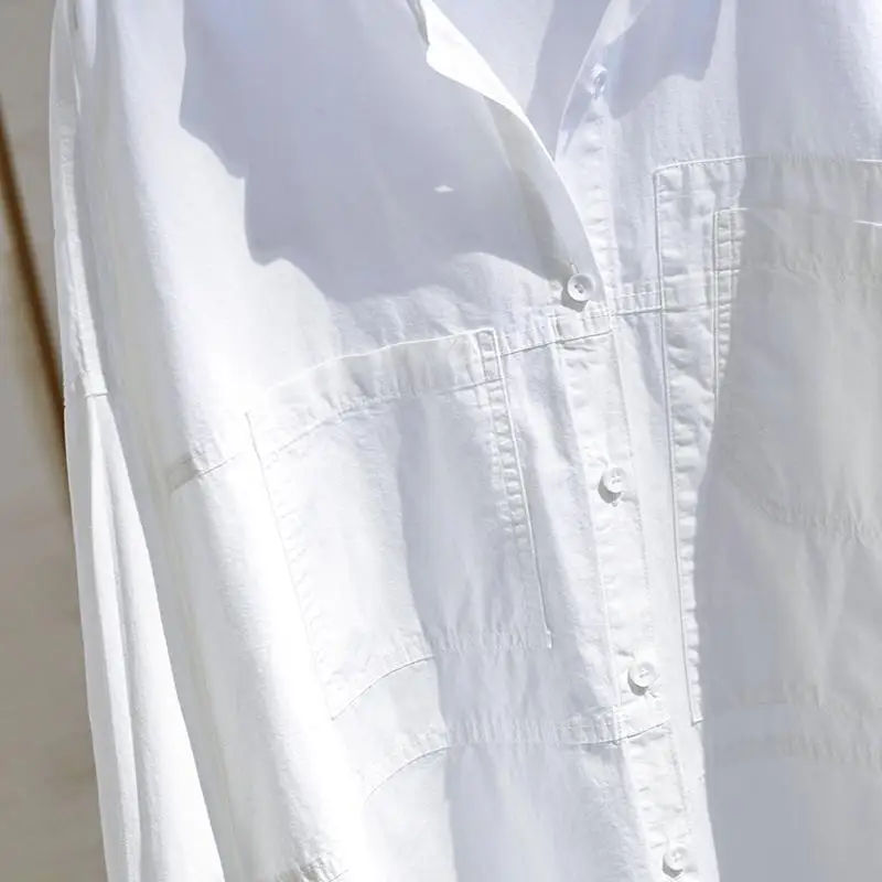 Oversize Shirts Womens 2021 Korean Fashionable Double Pocket Long Sleeve Cotton White Tops Female Boy Friend Style Trend Blouse