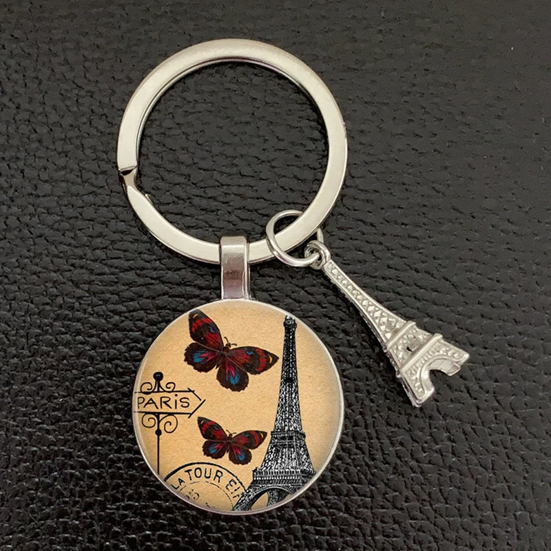 Romantic Paris Eiffel Tower Key Chains Art Lady Wander Drawing Design Glass Pendant Cute Keychain Keyring Women Bag Jewelry