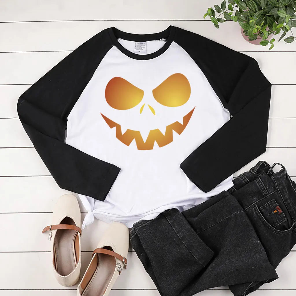 Women Autumn Winter Graphic T Shirts Streetwear Two-tone Stiching Clothing Pumpkin Emotions Print Halloween Long Sleeve T-shirts