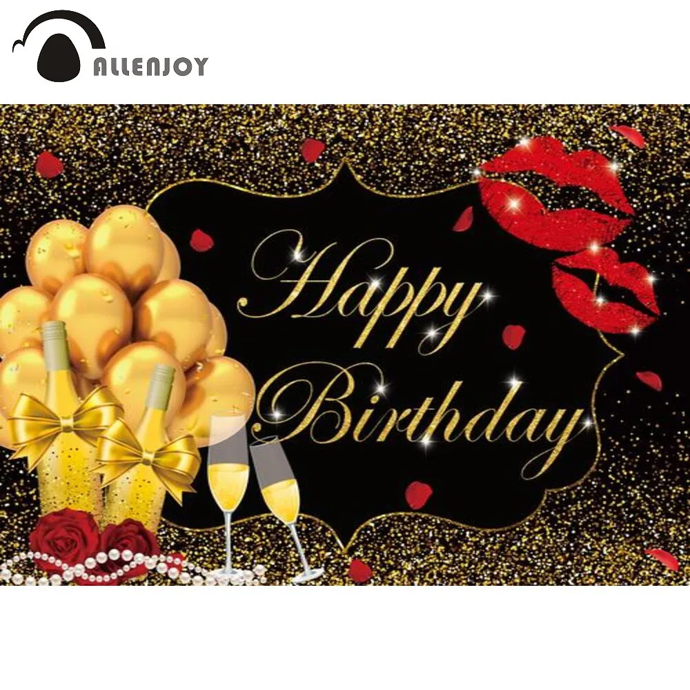 

Allenjoy Gold Glitter Fabric Birthday Backdrop Queen Lipstick Balloons Champagne Photography Background Photo Studio Photophone