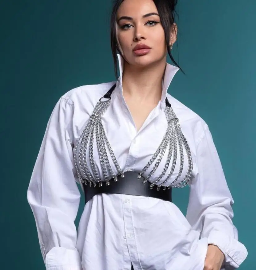 Sexy leather Harness Belt Women metal chain Chest Body Strap Gothic Garter Belt Fetish Erotic BDSM Bandage Belt