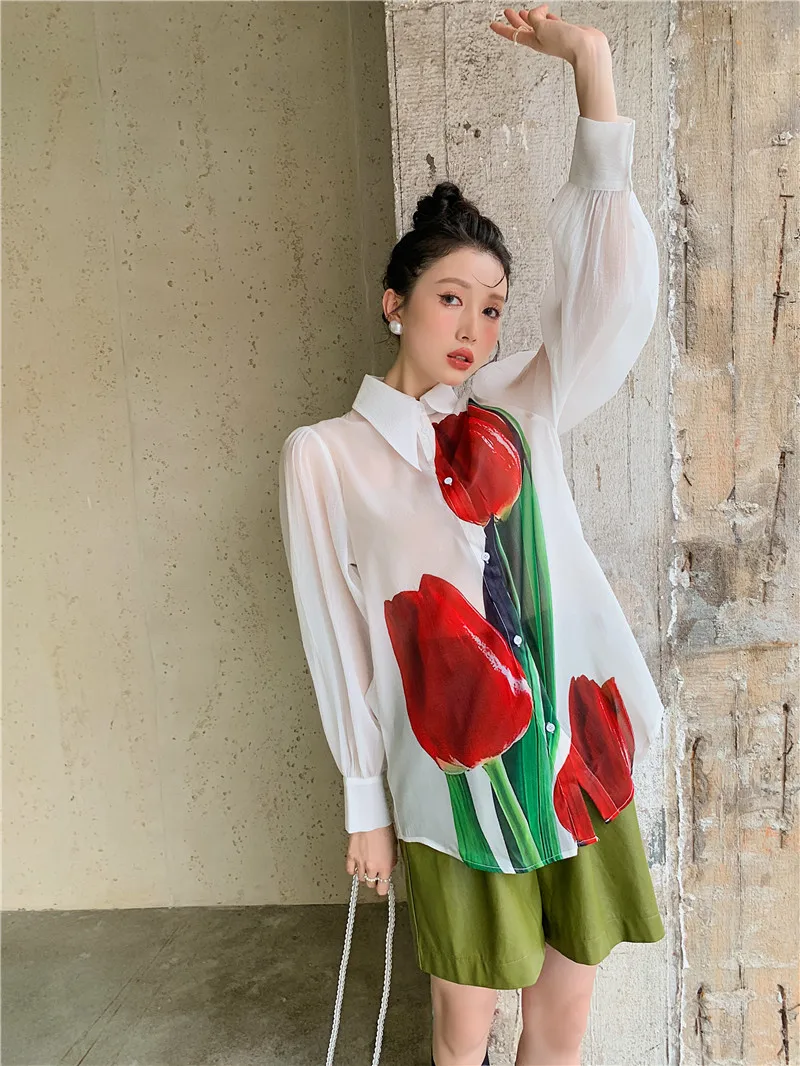 CHEERART Mesh White Button Up See Through Shirt Oil Painting Lantern Sleeve Top Floral Transparent Shirt High Fashion Fall 2021