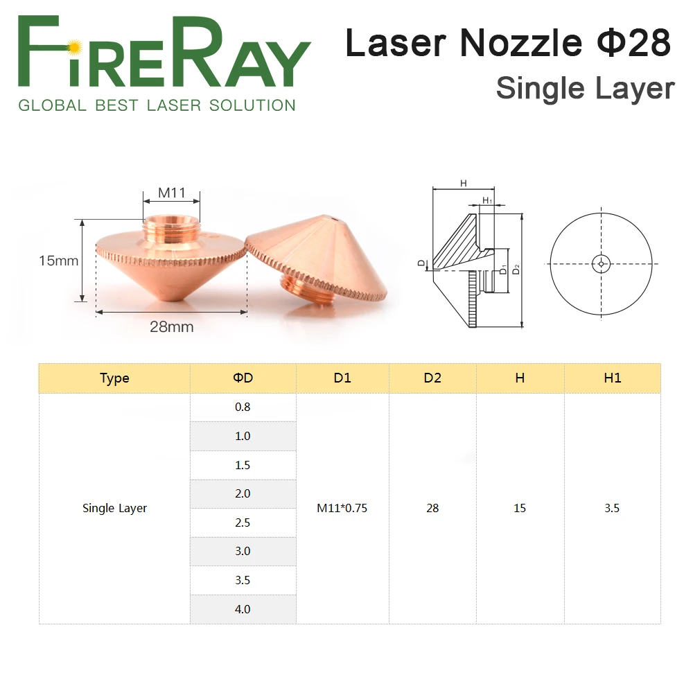 FireRay Dia.28mm Laser Nozzle Single Double Layer Caliber 0.8-5.0 Thread M11 for Precitec WSX Fiber Laser Cutting Head