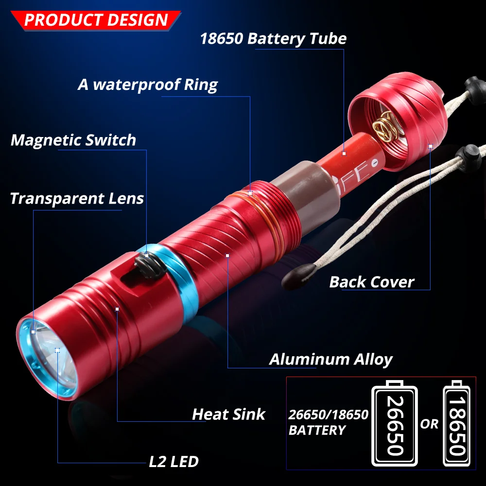Powerful L2 Diving LED Flashlight Dive 200M Waterproof Underwater Camping Lanterna Torch Lamp Stepless Dimming By 18650 26650
