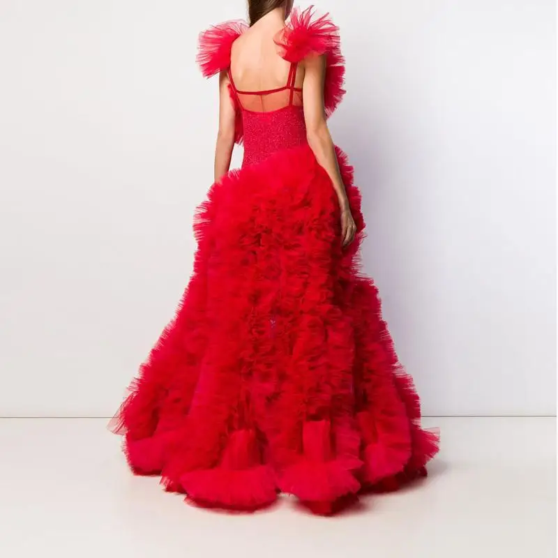 Chic Fashion Couture Bright Red Prom Gown Women Ruffled Puffy Tulle Evening Formal Dress Celebrity Pageant Party Dresses