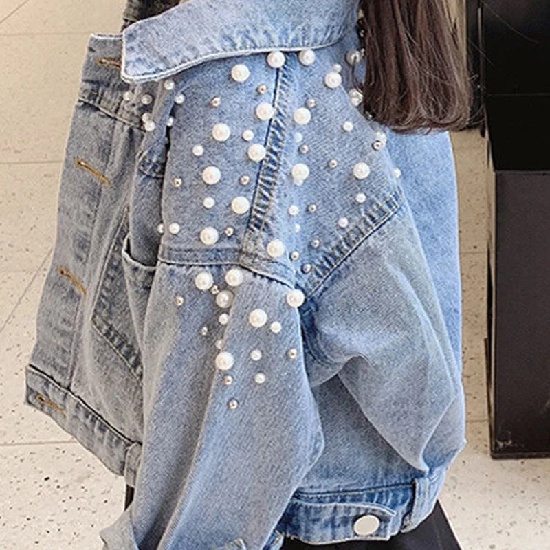 Spring And Autumn Girls Denim Jacket 2024 Korean Korean Fall New Loose Long Sleeve Sweet Pearl Lapel Top Button Cardigan Jacket