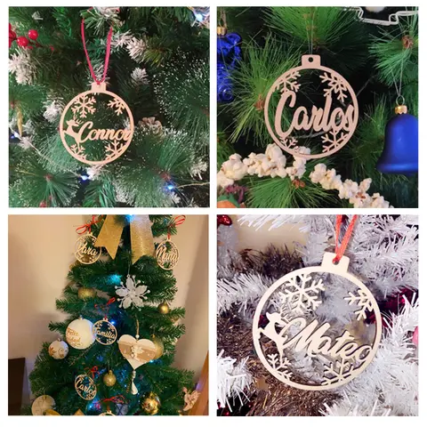 Personalized Different Name Ornament Custom Christmas Bauble Wooden Hanging Gift Laser Cut Snowflakes Decoration