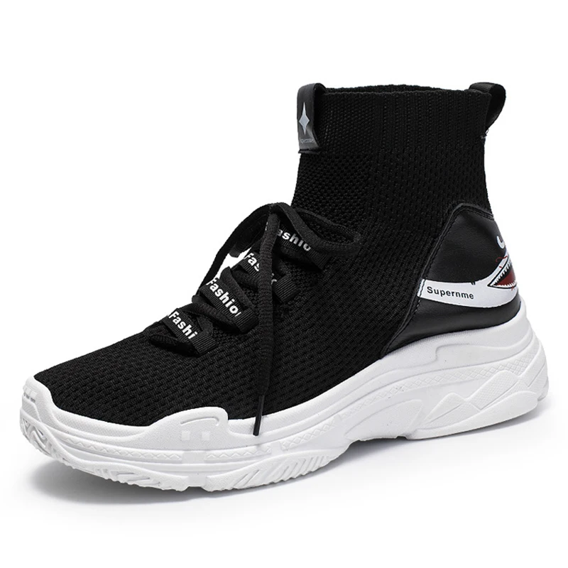 New High Top Shark Sneakers Men\'s Shoes Red Knit Upper Breathable Sneakers Unisex Running Shoes Women Platform Footwear