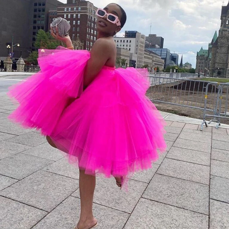 Chic Fuchsia Ruffles Short Tulle Dresses Women 2022 Puffy A-line Mini Tutu Dress Summer Off The Shoulder Robe Vestidos