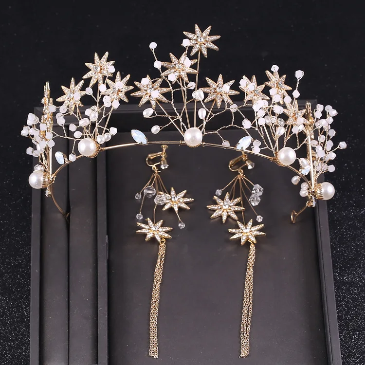 Handmade Headpieces Wedding Bridal Pearl Crystal Headwear For Bride Hair Accessories Jewelry tiara with earring