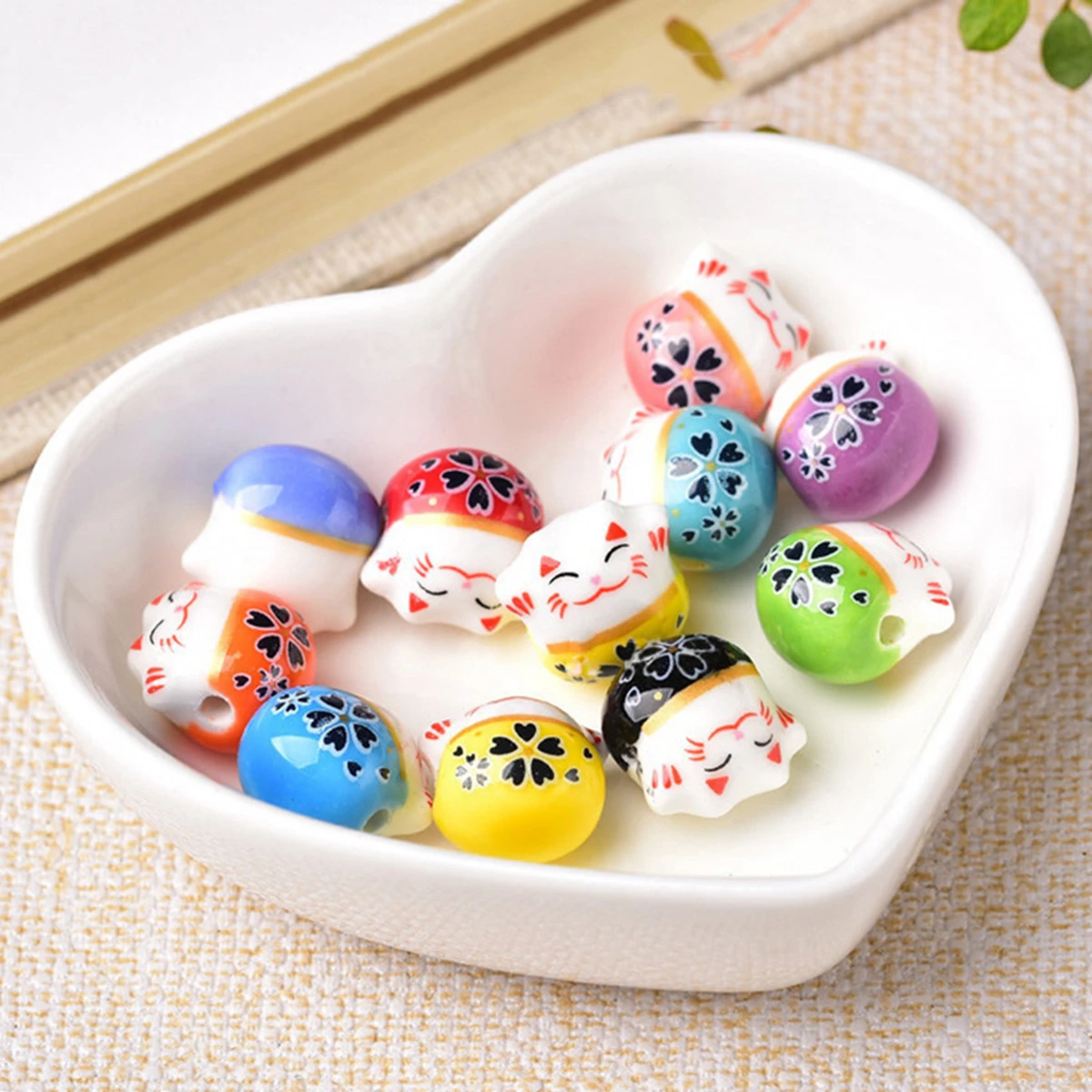 5pcs Fortune Cat Raise Claws 14mm Ceramic Porcelain Loose Beads For Jewelry Making DIY Crafts Findings