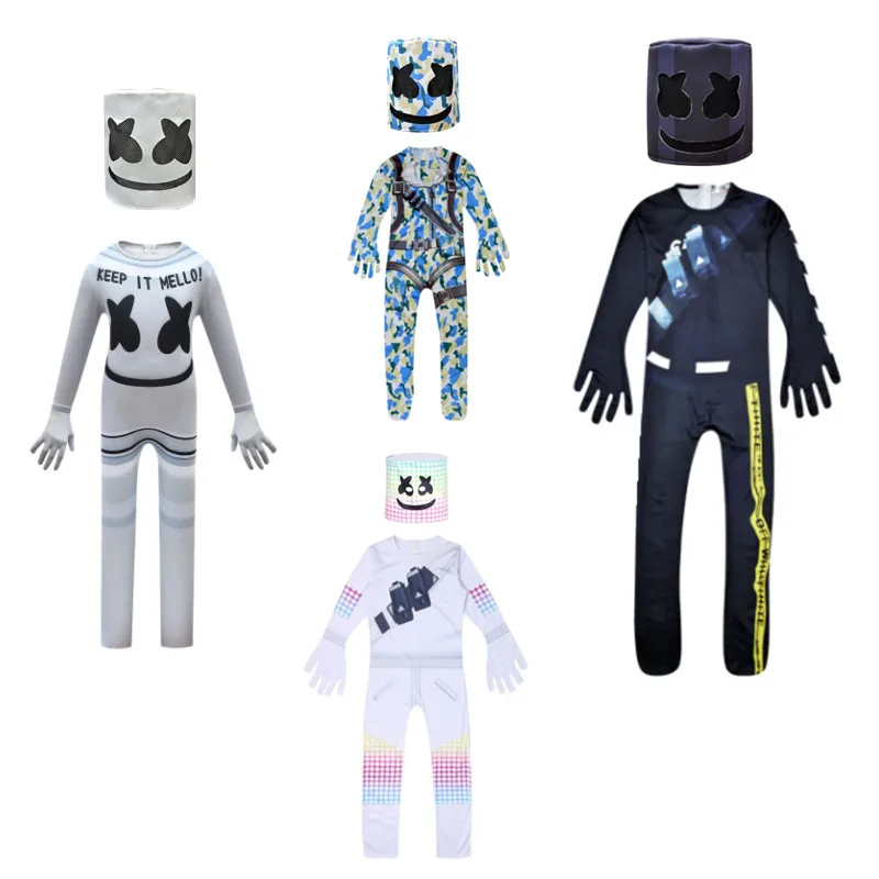 Kids Popular DJ Marshmello Cosplay Halloween Costume with Headgear Boys Girls Jumpsuit Carnival Party Performance  Bodysuit