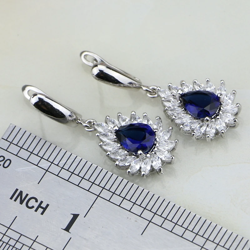 Water Drop Blue Zircon White Rhinestone 925 Sterling Silver Jewelry Sets For Women Earring/Pendant/Necklace/Ring Free Gift Box