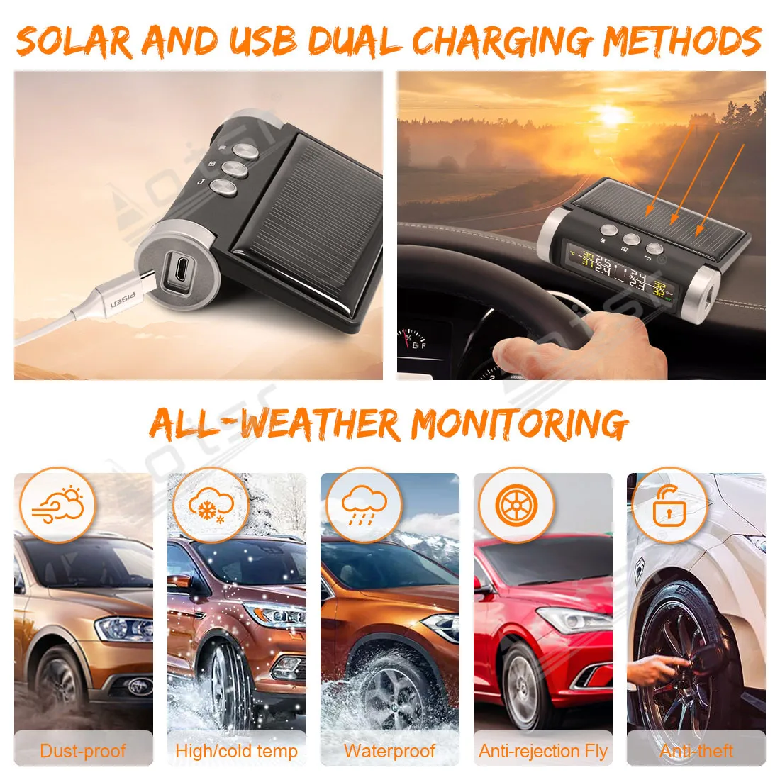 Car TPMS Tyre Pressure Monitoring System Solar Power Digital LCD Display For Android Auto Security Alarm Systems Tyre Pressure
