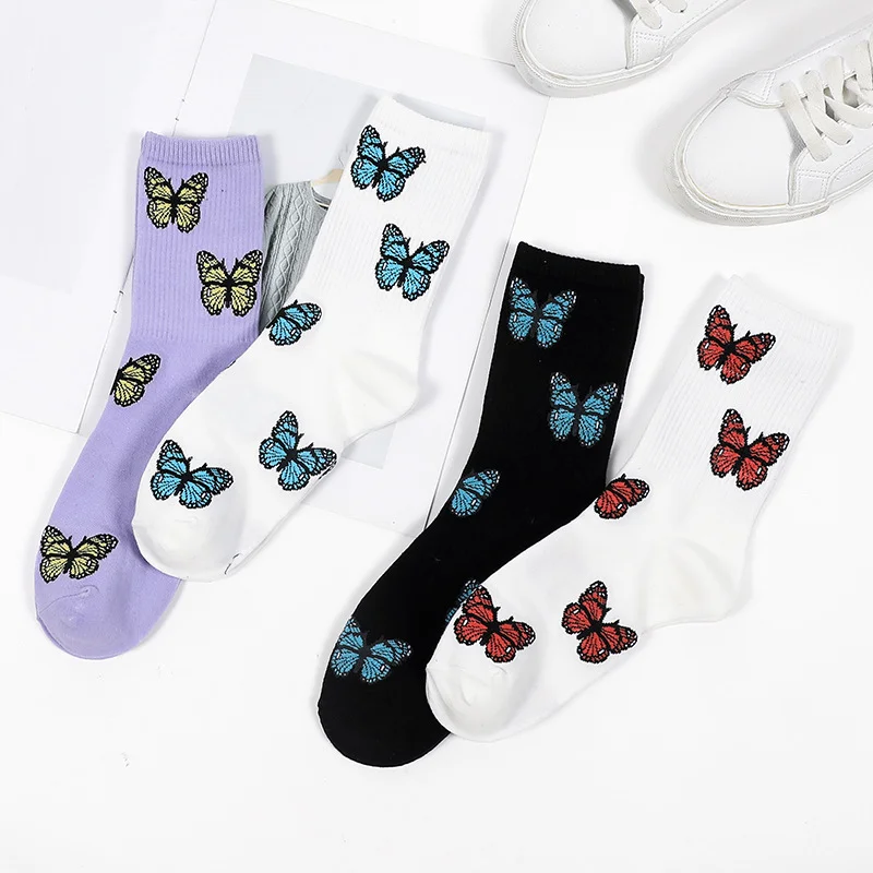 New Butterfly Socks Women Streetwear Harajuku Crew Kawaii Stripe Fashion Ankle Funny Embroidered Expression