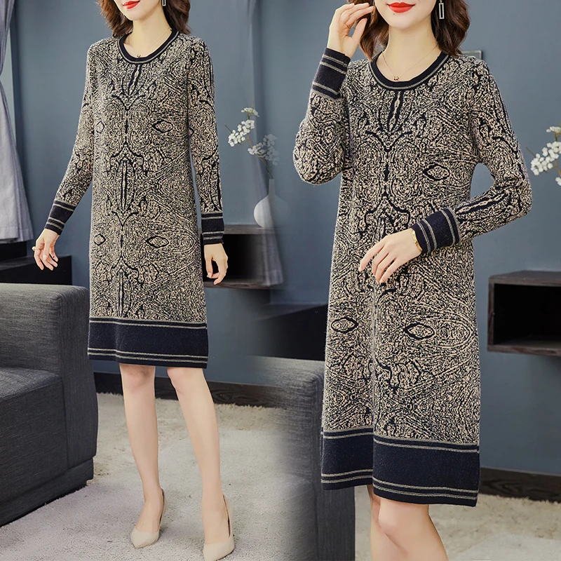 2024 Casual Knitting Jacquard O-Neck Sweater Midi Dress Autumn Winter Vintage Long Sleeve Dresses Women Elegant Bodycon Vestidos