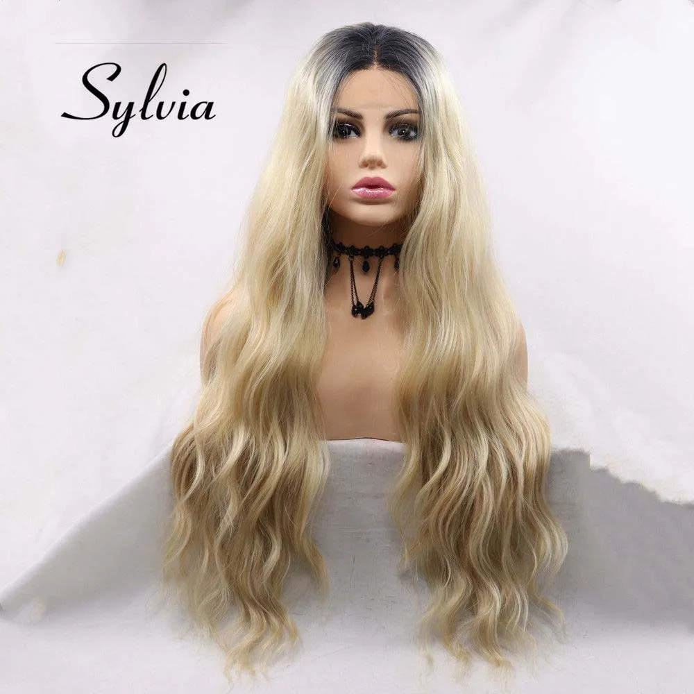 

Sylvia Blonde Loose Wavy Synthetic Blonde Lace Front Ombre Wig For Women Hair With Fark Roots Heat Resistant Fiber Long Wavy Wig