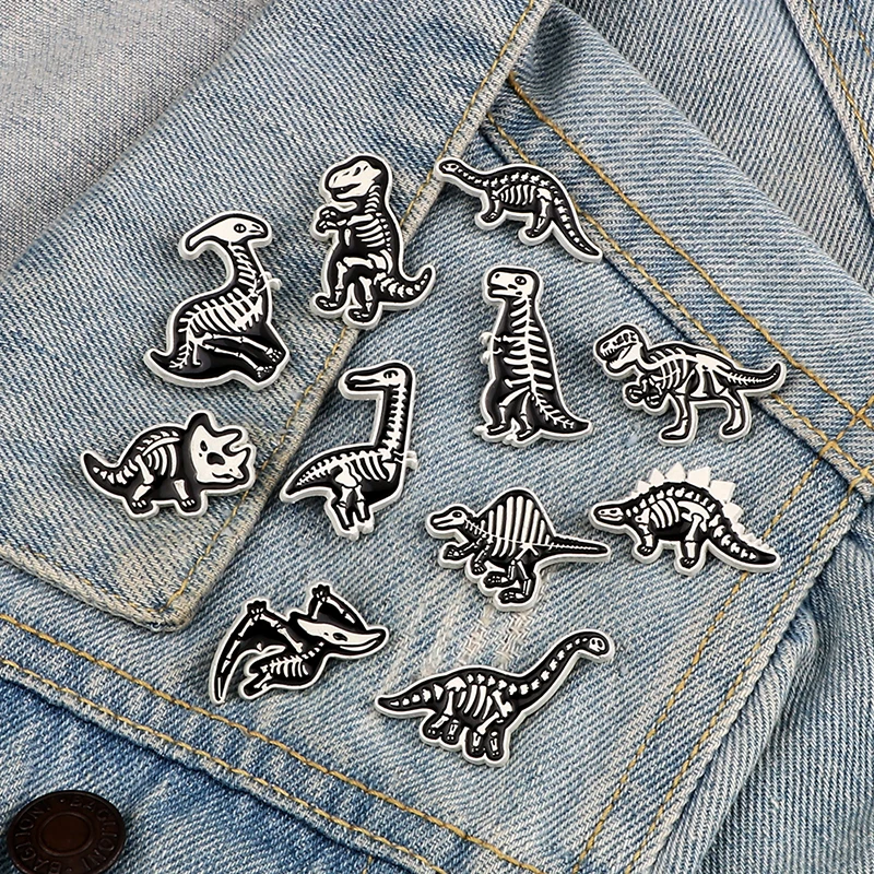 Animal Skeleton Brooch Dinosaur Skull Lapel Pin Cartoon Cool Punk Badge Backpack Denim Hat Pins Fashion Jewelry Gift for Friends