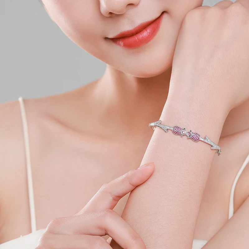 Ailmay autentyczne 925 Sterling Silver Fashion elegancka różowa przezroczysta cyrkonia Rose Flower bransoletki dla kobiet romantyczna biżuteria ślubna — zdjęcie 3
