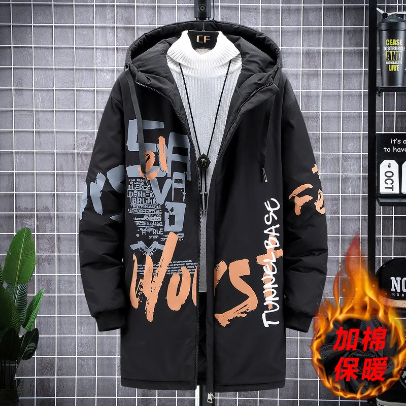 

2022 Mens Long Print Cotton Jacket Coat Winter Solid Black Parkas Men Plus Size 4XL-10XL Thick Warm Leisure Loose Male Overcoat