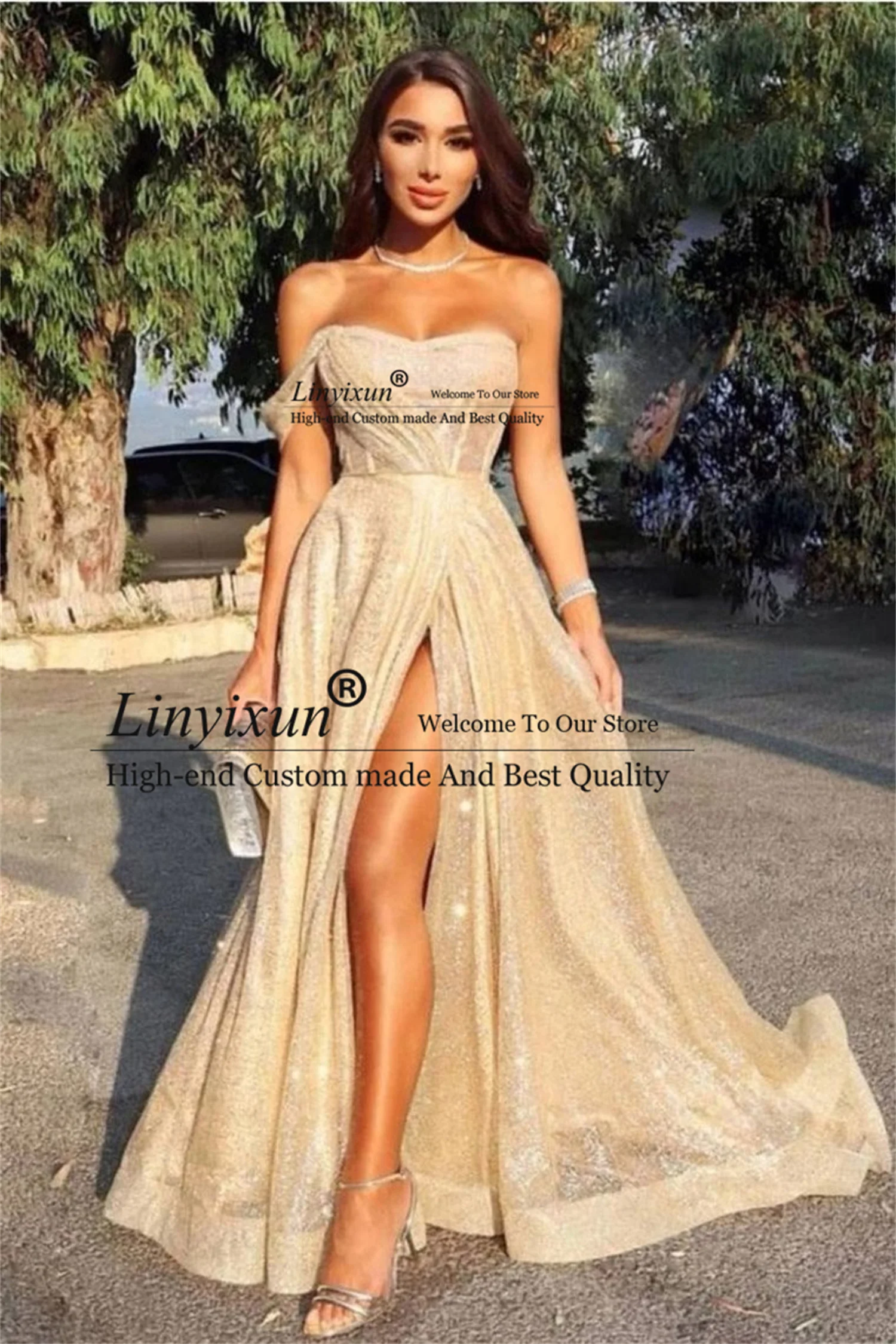 

Shiny Sequins Prom Dresses Sleeveless One Shoulder Off Shouder Sexy Side Slit Formal Evening Dress Court Train robes de soirée