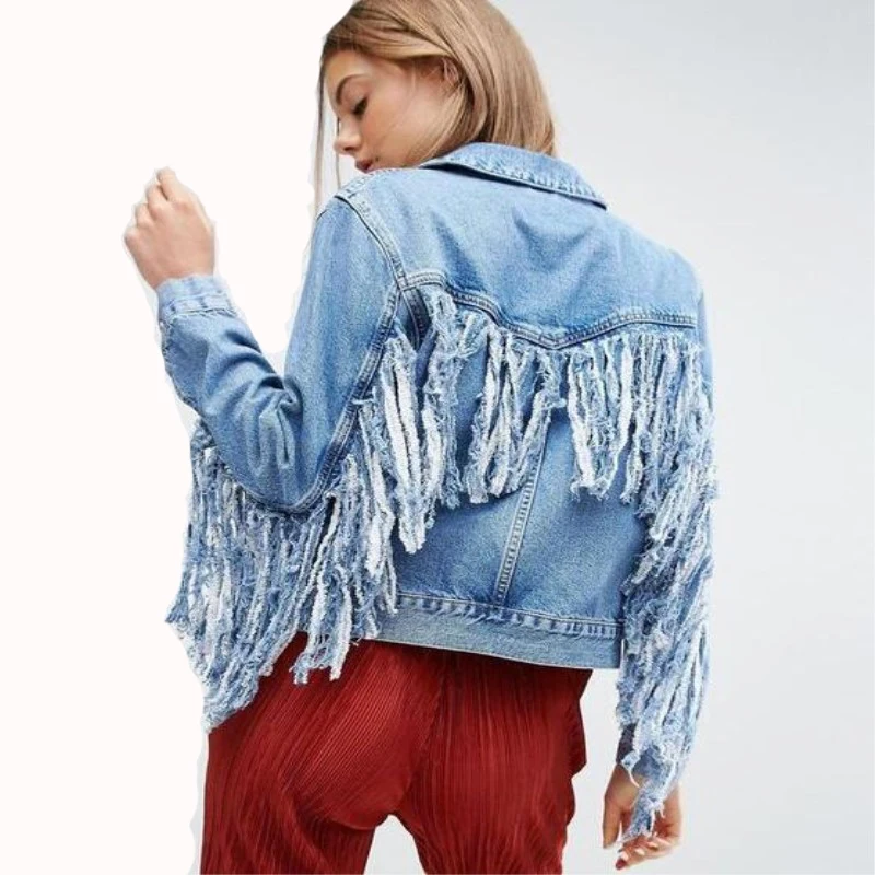 Women Denim Jacket Tassel Slim Hot Fashion Fringe Holes Denim Jacket Lady Elegant Vintage Jackets Basic Coats Large Size