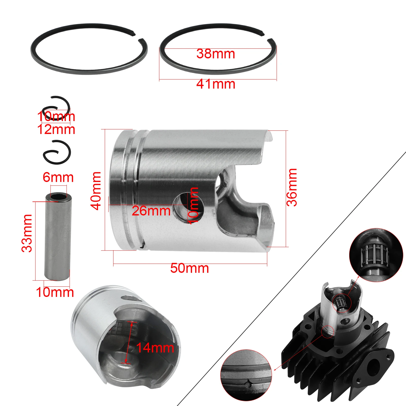 FLYPIG 40mm  Piston Kit Ring Pin For Yamaha PW50 PW 50 1979-2005 2006 2007 2008 2009