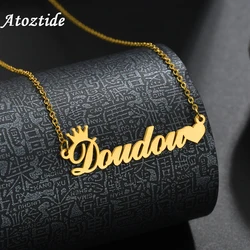 Atoztide Customized Fashion Stainless Steel Name Necklace Personalized Letter Crown Heart Necklace Pendant Nameplate Gift