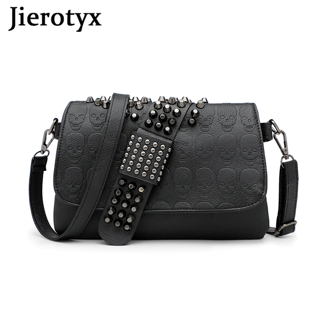 JIETOTYX Fashion nit Messenger torby kobiety czarna czaszka torba w stylu Punk panie Vintage Gothic dziewczyny torba na ramię skóra wysokiej jakości