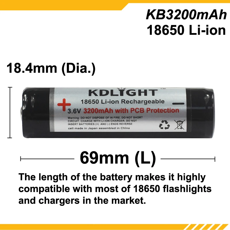 KDLIGHT KB3200mAh 3.6V 3200mAh Rechargeable Li-ion 18650 Battery with PCB