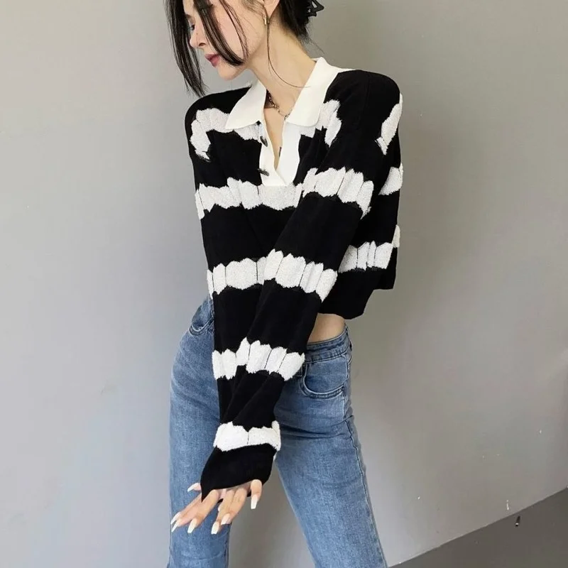 Cropped Pullovers Women 스트라이프 디자인 턴 다운 칼라 All-match Loose Preppy 심플 일본식 봄 소프트 트렌디 세련된 New