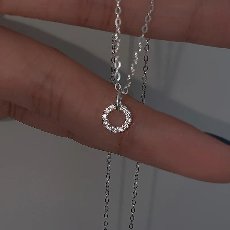 925 Sterling Silver Necklace Flash Diamond Geometric Double Circle Pendant Female Fashion Clavicle Chain Birthday Gift Jewelry