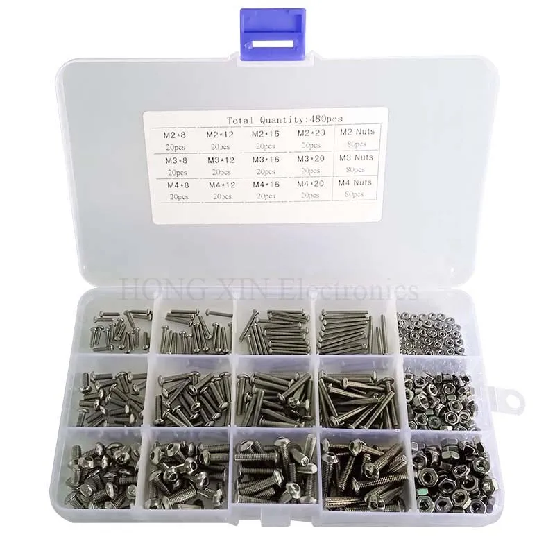 480Pcs Button Head 12 Sizes Screw And Nuts Kit,M2 M3 M4 Assorted Hex Socket Head Cap Bolts Screws Nuts Assortment Set Kit