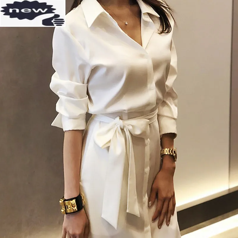 

Женские офисные БЕЛЫЕ РУБАШКИ Вечерние Длинное сексуальное высокого Разделение повседневные платья для женщин с поясом тонкая талия Джинсы бойфренда платье-рубашка