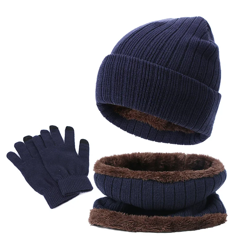 Musim Dingin Beanies Topi Syal Sarung Tangan Set Outdoor Hangat Rajutan Menebal Pria Wanita Topi Sarung Tangan Sesuai dengan Lapisan Unisex 3Pcs