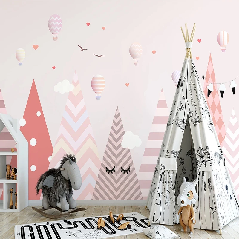 Custom Pegatinas De Pared Photo Pink Hot Air Balloon Abstract Geometric Pattern Princess Room Children's Bedroom Mural Paintings