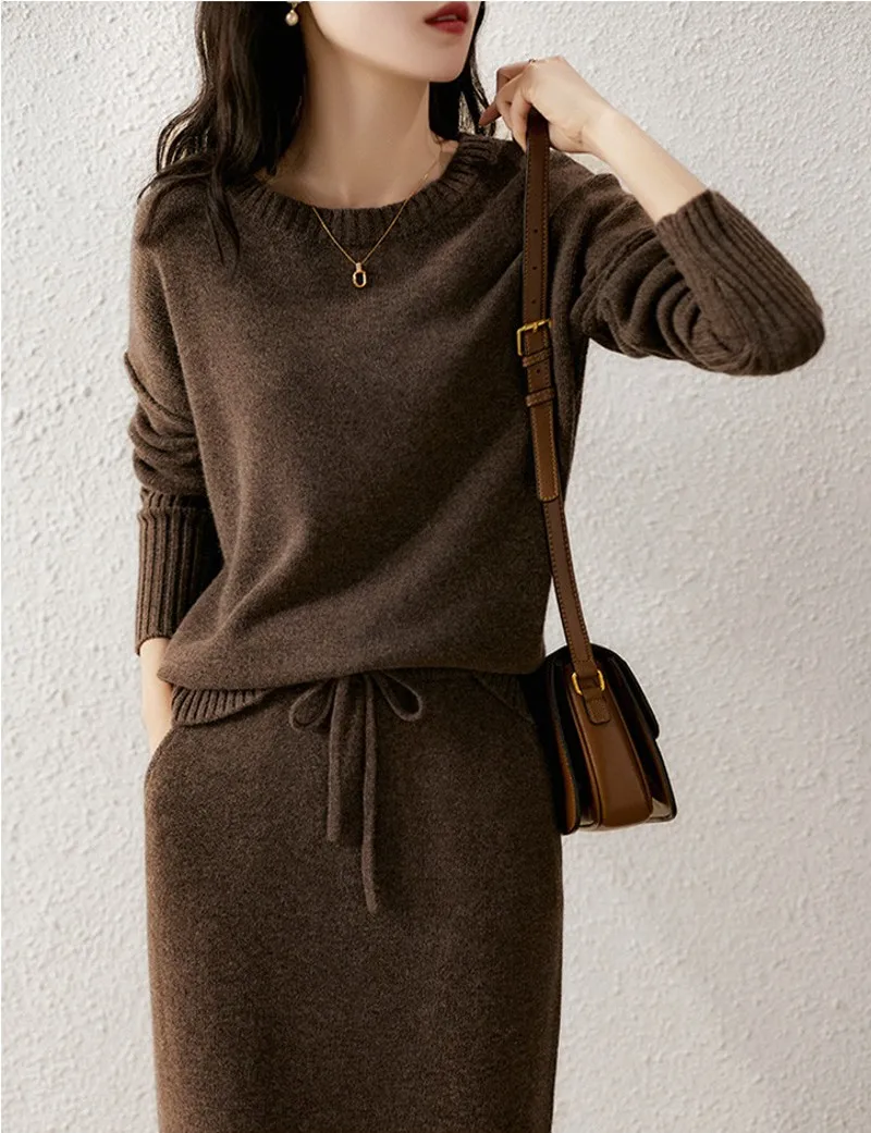 New Autumn Women Sweater Two Piece Set Knitted Sets Solid Casual O Neck Long Sleeve Pullover Top+Elastic Waist Midi Skirt Suit