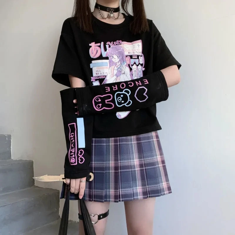 Japanese Streetwear E Girl Anime Tshirt Clothes With Arm Cover Graphic Top Harajuku Kawaii Summer Tops For Women 2022 T Shirt