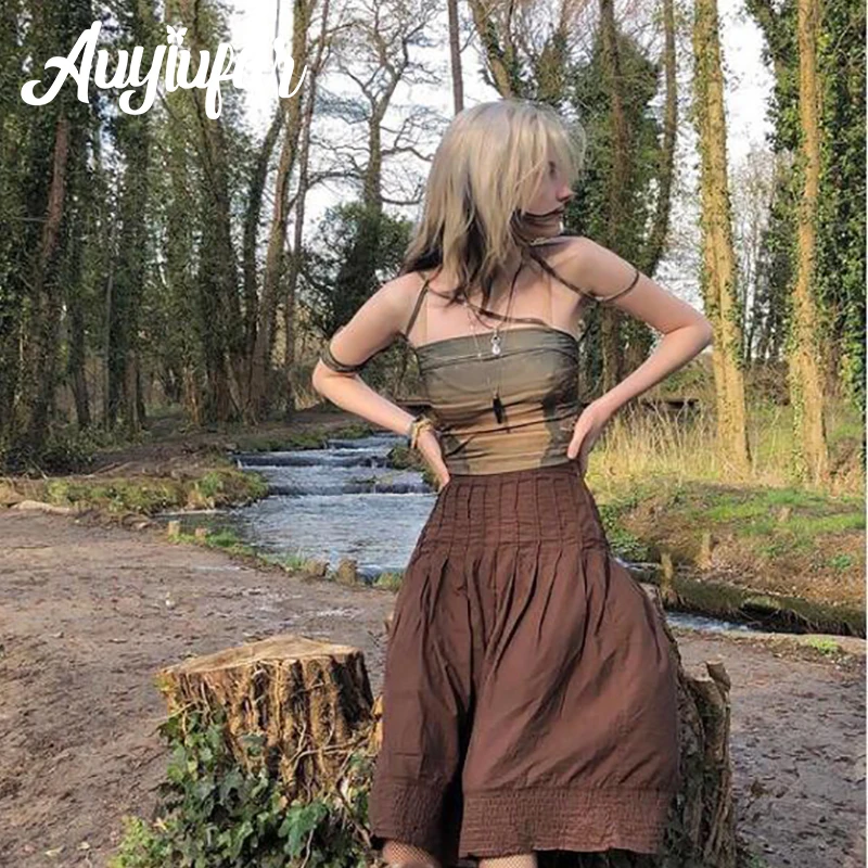 Auyiufar Green Fairy Grunge Bandage Crop Tops Vintage Aesthetic Tie Dye Slim Belt Y2K Bodycon Tube Top Elfcore Women Streetwear