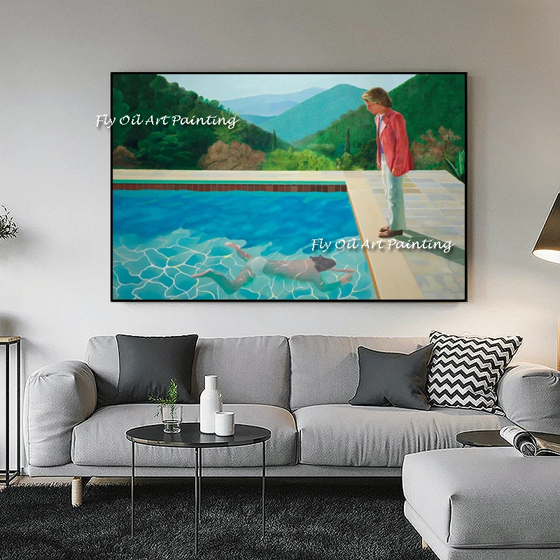 Handmade David Hockney Portrait of an Artist Pool with Two Figure Oil Painting Marble Mural Artwork Decor Picture Home Decors