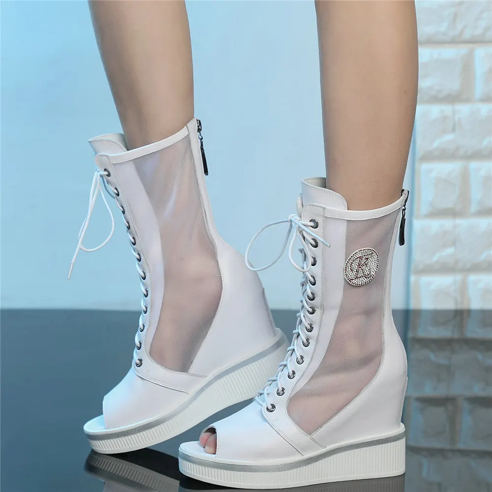 Platform Pumps Shoes Women Genuine Leather Wedges High Heel Ankle Boots Female High Top Open Toe Fashion Sneakers Casual Shoes