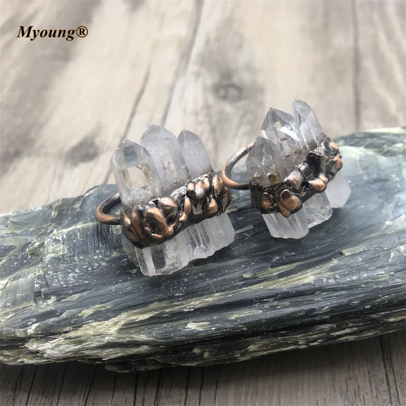 10PCS Antique Copper Bezel Raw Crystal Point Rings Healing Clear Quartz Stick Bronze Adjustable Ring Bohemia Jewelry MY210550