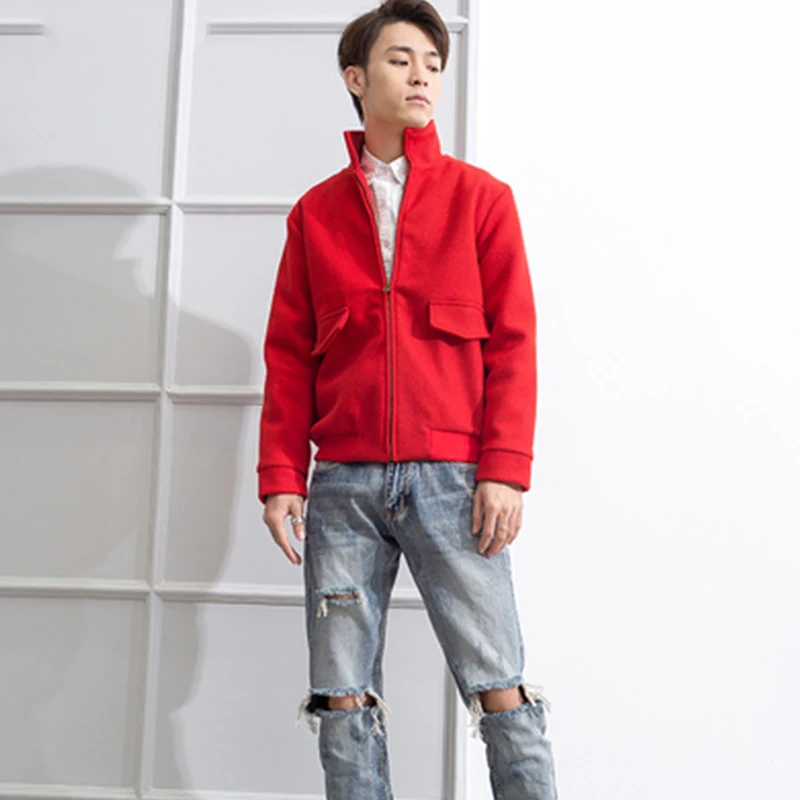 M-4XL big red short woolen coat tide male youth ocean lapel coat festive clothes shirt nightclub hip hop