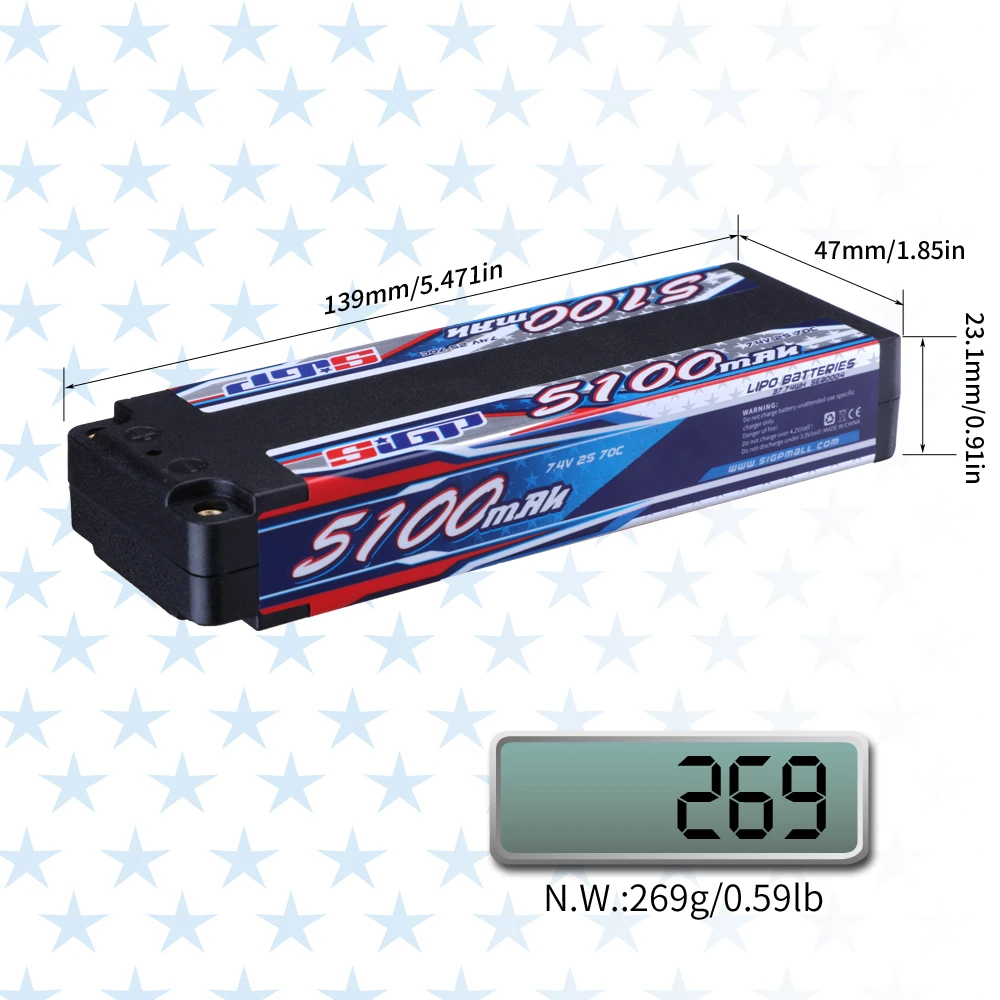 Batería Lipo SIGP 2S 7,4 V 5100mAh 2S1P 70C, carcasa dura con conector Deans T 4mm Bullet XT60 para coche RC, camión, tanque, vehículo, Buggy